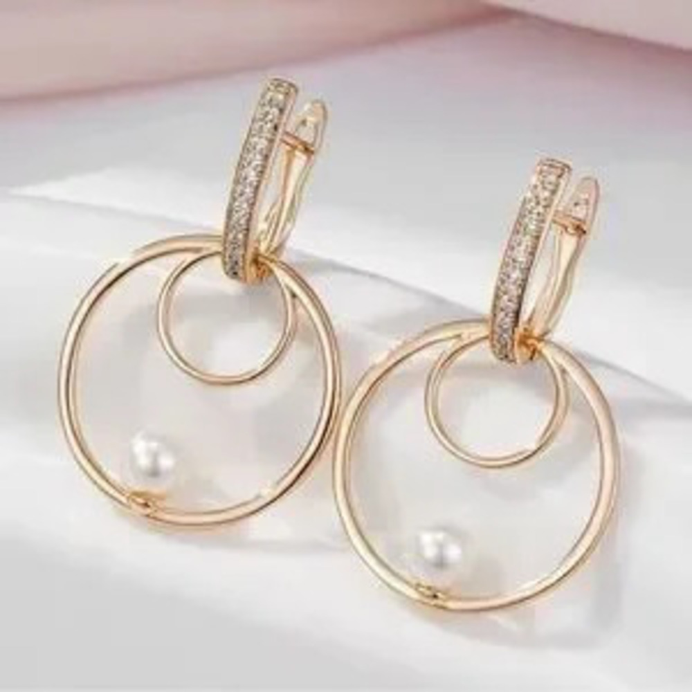 Pearl Round Natural Zircon Micro Wax Setting Earrings For Women 585 Rose Gold